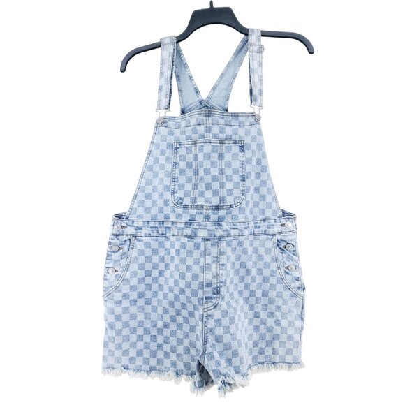 No Boundaries Denim - No Boundaries Juniors XXL Checkered Denim Shortalls Frayed Hem Blue Overalls